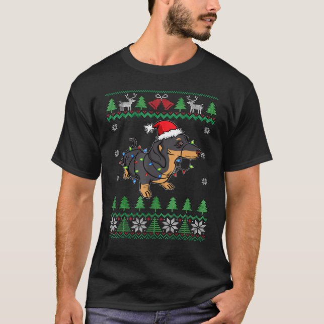 Dachshund Santa Clause Hat Lights Wiener Dog Ugly  T-Shirt (Front)