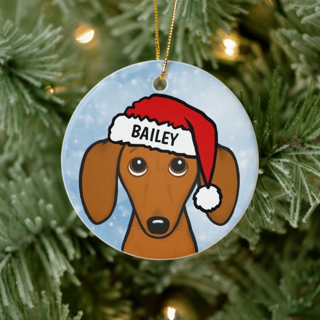 Dachshund Santa Hat Cute Wiener Dog Custom Name Ceramic Ornament (Tree)