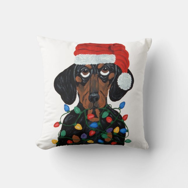 Dachshund Santa Tangled In Christmas Lights Cushion (Front)