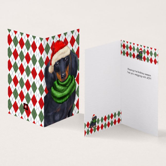 Dachshund Santa with Seasonal Plaid Holiday Card (Inside and Outside)