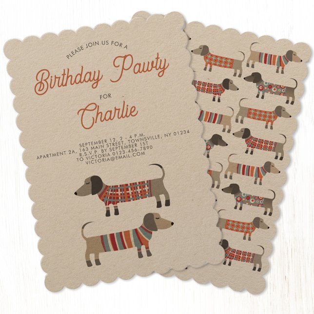 Dachshund Sausage Dog Birthday Pawty Invitation (Fun Dachshund Wiener Sausage Dog personalized party invitation)