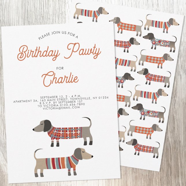 Dachshund Sausage Dog Birthday Pawty Invitation (Fun Dachshund Wiener Sausage Dog personalized custom text birthday party pawty invitation)