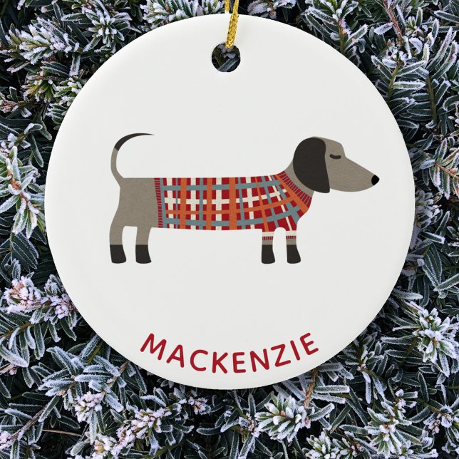 Dachshund Sausage Dog Custom Name Ceramic Ornament (Dachshund Wiener Sausage Dog fun personalized name Christmas ornament)