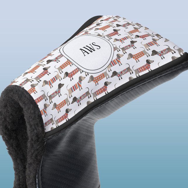 Dachshund Sausage Dog Monogram Golf Head Cover (Monogram Dachshund sausage dog pattern golf putter cover)