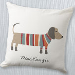 Dachshund Sausage Dog Personalised Cushion<br><div class="desc">Cute little Dachshund sausage or wiener dog in woolly knitwear. Perfect for dog lovers and dog walkers. Original art by Nic Squirrell.  Change the name to customise.</div>