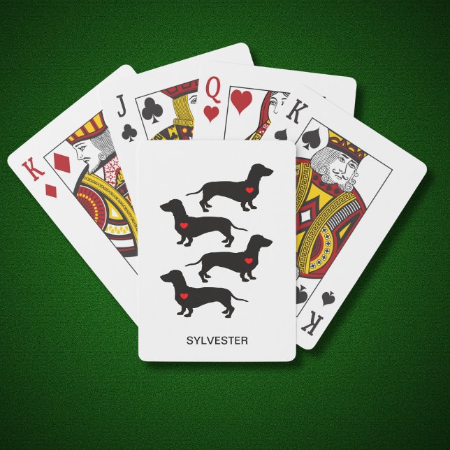 Dachshund Sausage Dog Red Heart Custom Name Playing Cards (Personalize with Name or other text.  See the collection for other items with this design)