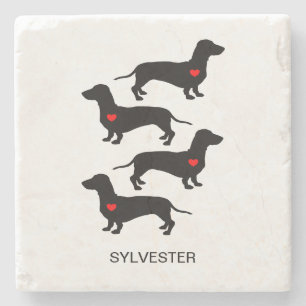 Dachshund Sausage Dog Red Heart Custom Name Stone Coaster