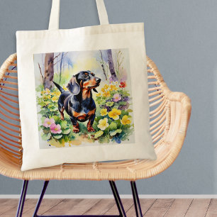 Dachshund Sausage Dog Woodland Primrose Flowers Tote Bag
