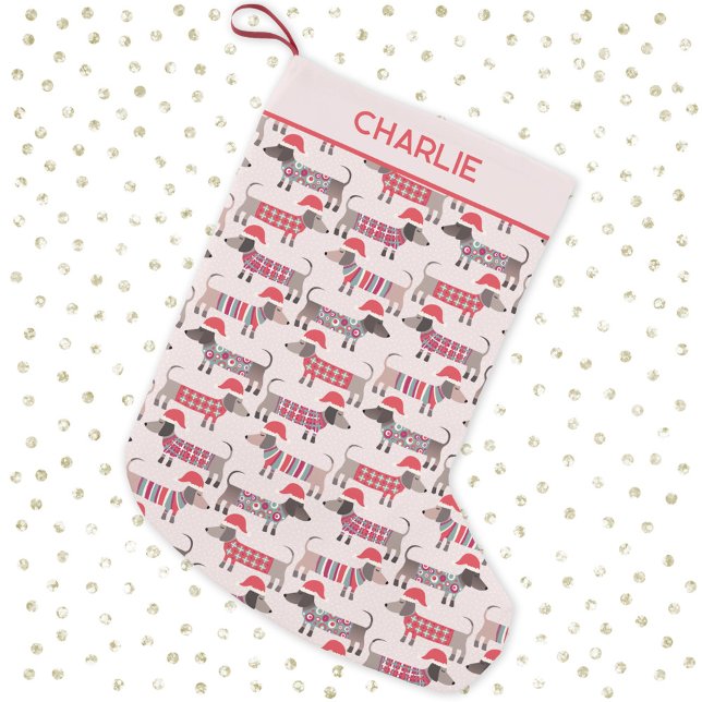 Dachshund Sausage Dogs Christmas Hats Personalised Small Christmas Stocking (Fun dachshund wiener sausage dogs in Santa Hats pattern personalized Christmas stocking)