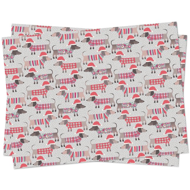 Dachshund Sausage Dogs in Christmas Hats and Knits Tissue Paper (Fun Christmas Dachshund Wiener Sausage dog pattern holiday tissue paper)