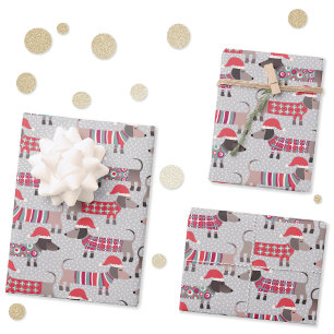 Dachshund Sausage Dogs in Christmas Hats and Knits Wrapping Paper Sheet