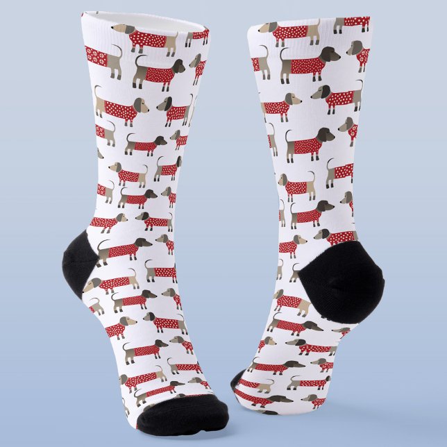 Dachshund Sausage Wiener Dog Holiday Socks (Festive Dachshund Sausage Wiener Dogs in red and white knitwear on unisex socks)