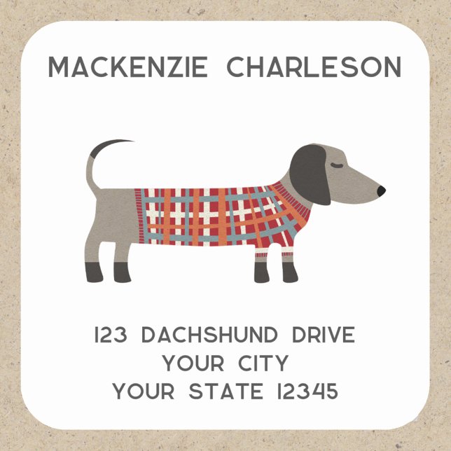 Dachshund Sausage Wiener Dog Personalised Address Square Sticker (Fun Dachshund Wiener Sausage Dog personalized return address label sticker)