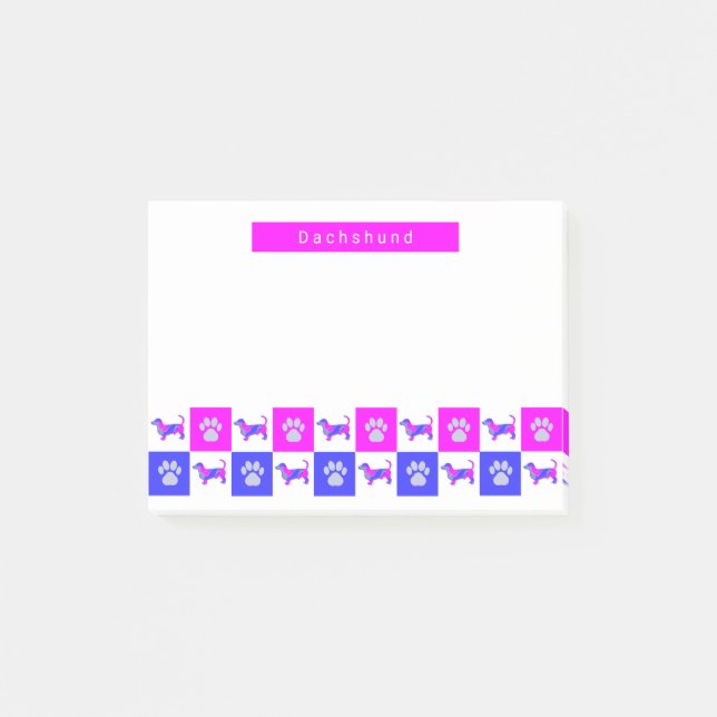 Dachshund Silhouette Dog & Paw Hot Pink & Blue Post-it Notes (Front)