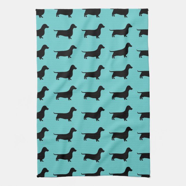 Dachshund Silhouette on Aqua Background Tea Towel (Vertical)