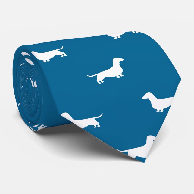 Dachshund Silhouettes Pattern Wiener Dogs Blue Tie (Rolled)