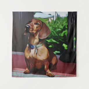 Dachshund Sits On Porch Of Country House Birthday Tapestry