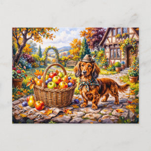 Dachshund Sitting Beside Apples Pumpkins Autumn Ga Postcard