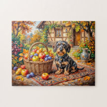 Dachshund Sitting Beside Fruit Basket Autumn Farmh