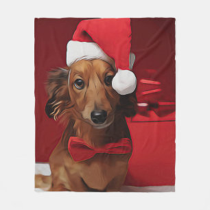 Dachshund Sitting In Front Of A Christmas Gift Pos Fleece Blanket