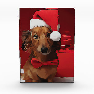 Dachshund Sitting In Front Of A Christmas Gift Pos Photo Block