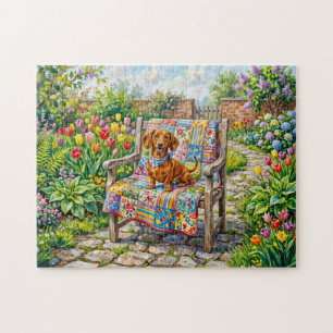 Dachshund Sitting on Patchwork Garden Chair Among Jigsaw Puzzle