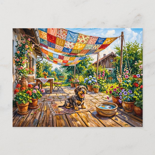 Dachshund Sitting Under Colourful Patchwork Garden Postcard (Front)