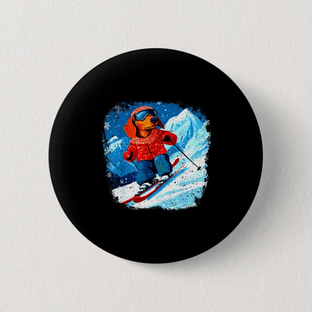 Dachshund ski  6 cm round badge (Front)