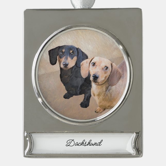 Dachshund (Smooth) Painting - Original Dog Art Silver Plated Banner Ornament (Front)