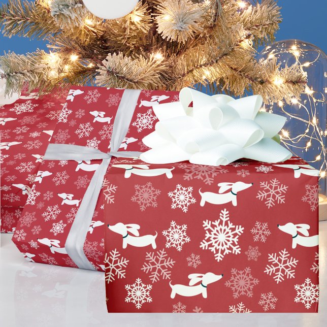Dachshund Snowflakes Red Wrapping Paper Christmas (Christmas Dachshund & Snowflakes red warpping paper )