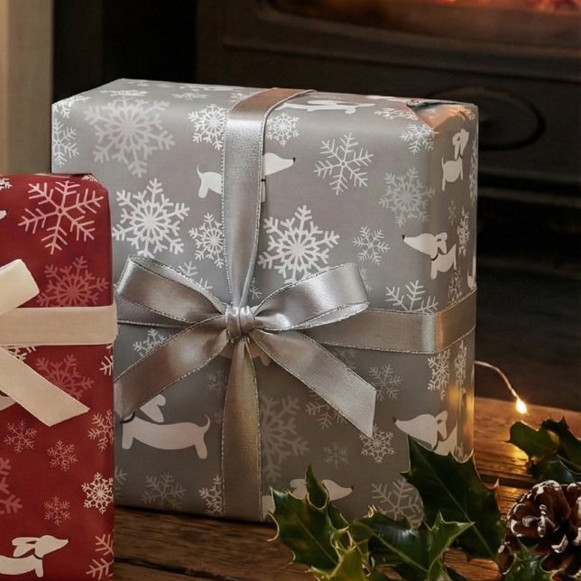 Dachshund Snowflakes Silver Christmas Gift Wrap (Creator Uploaded)