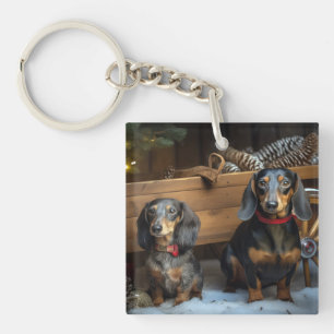 Dachshund Snowy Sleigh Christmas Decor Key Ring