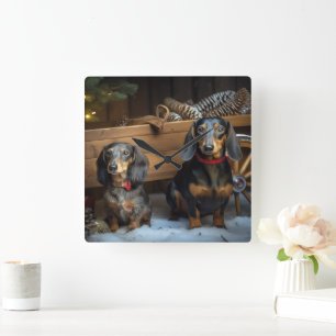 Dachshund Snowy Sleigh Christmas Decor Square Wall Clock