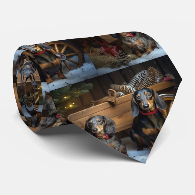 Dachshund Snowy Sleigh Christmas Decor Tie (Rolled)