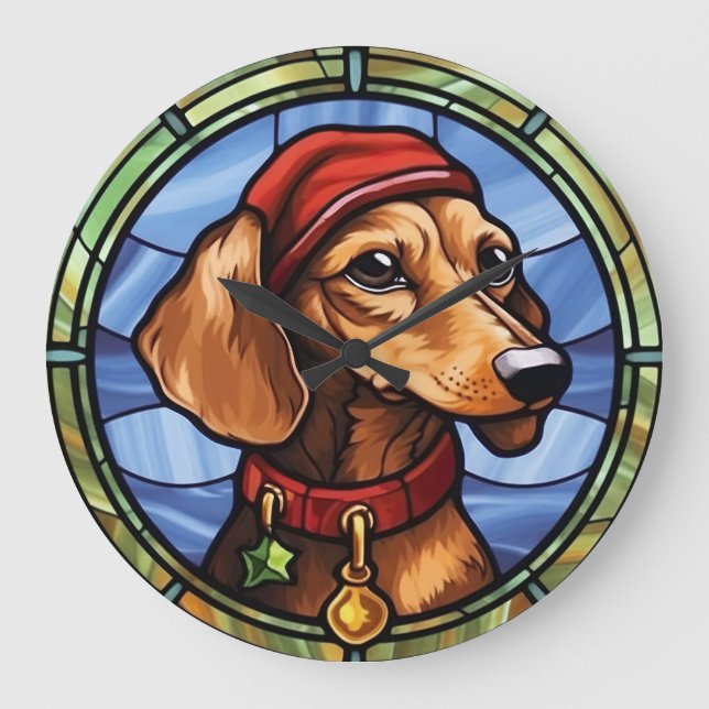 Dachshund Stained Glass Christmas Large Clock (Front)