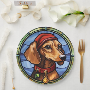 Dachshund Stained Glass Christmas Paper Plate