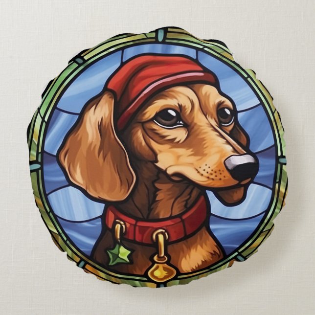 Dachshund Stained Glass Christmas Round Cushion (Back)