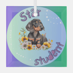 Dachshund Star Student Glass Tree Decoration