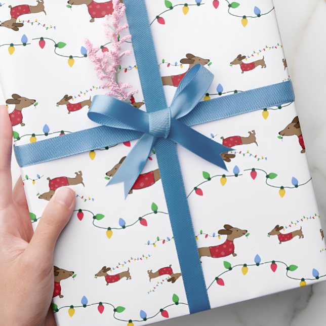 Dachshund Stealing Christmas Tree Lights Gift Wrap (Naughty wiener dog - stealing Christmas tree lights - gift wrap for dachshund moms and doxie dads)