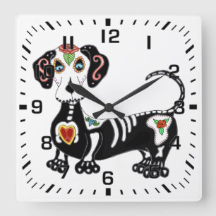 Dachshund Sugar Skull Square Wall Clock