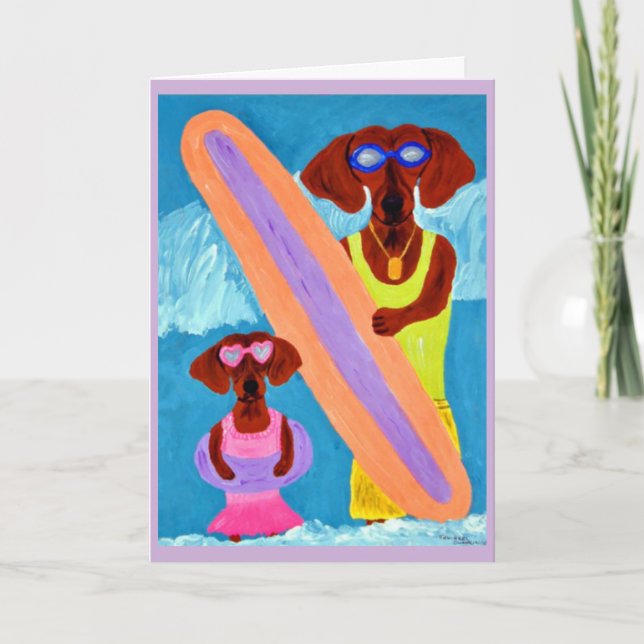  Dachshund Surfer with puppy Card (Front)
