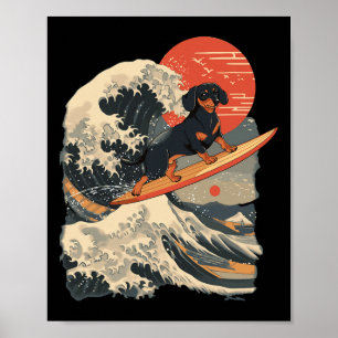 Dachshund Surfing Japanese Great Wave _1  Poster