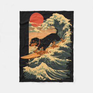 Dachshund Surfing Japanese Great Wave _2 Fleece Blanket
