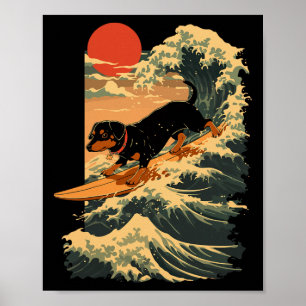 Dachshund Surfing Japanese Great Wave _2  Poster