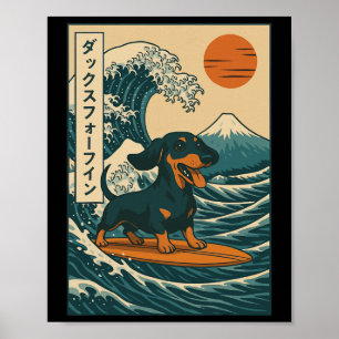 Dachshund Surfing Japanese Great Wave _3  Poster