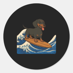 Dachshund Surfing Japanese Wave Weiner Dog _1  Classic Round Sticker
