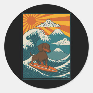 Dachshund Surfing Japanese Wave Weiner Dog Classic Round Sticker