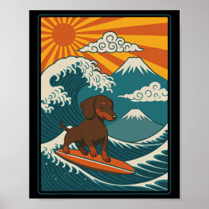 Dachshund Surfing Japanese Wave Weiner Dog  Poster