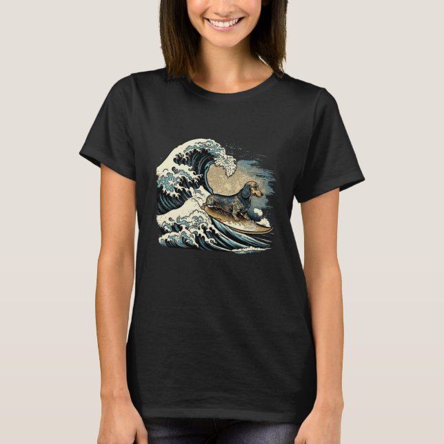 Dachshund Surfing Kanagawa Japanese The great wave T-Shirt (Front)