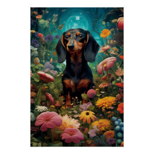 Dachshund Surrounded By Various Types Of Flowers Poster